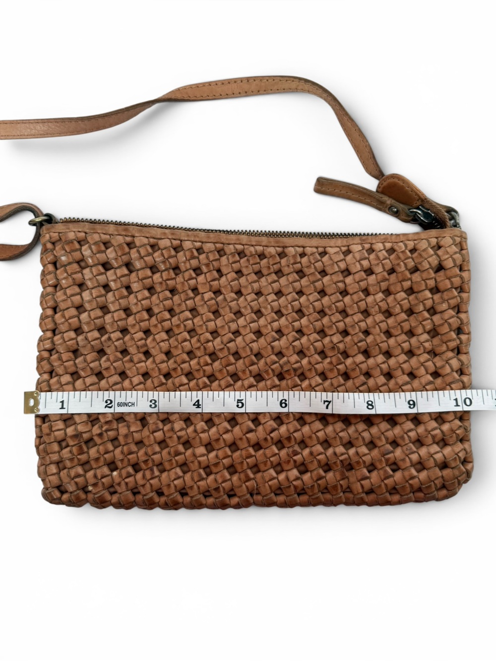 Woven Leather Crossbody Bag Tan Cognac Boho Minimalist Organizer - Picture 7 of 10